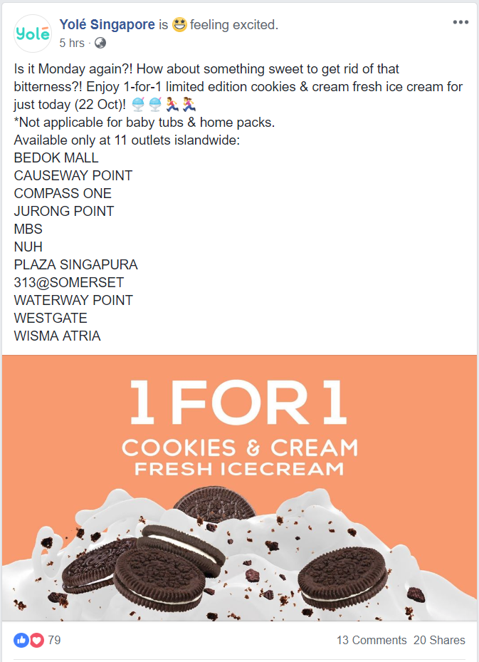 Yolé is offering 1-for-1 Cookies & Cream Fresh Ice Cream at 11 outlets ...
