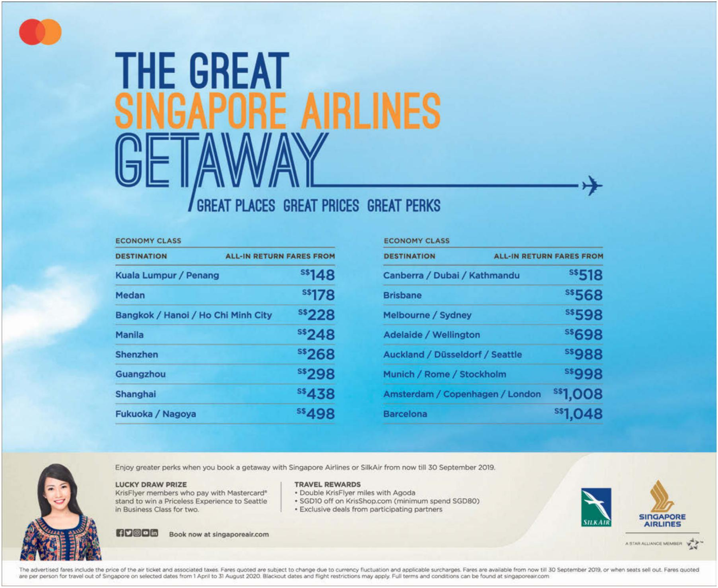 Singapore Airlines launched 'Great Getaway Sale' offering discounted sale fares to over 70 destinations. Book from now till 30 Sep 19