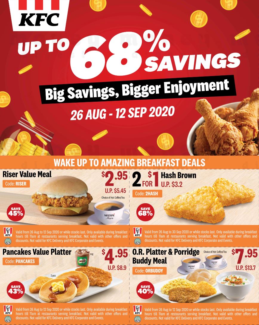 18 kfc coupons for dine in takeaway and delivery from 26 aug 12 sep