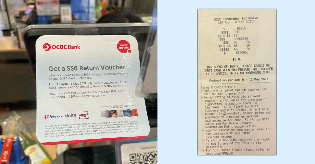 OCBC Cardmembers can get a $6 return voucher at FairPrice (min. spend $60) from now till 3 May 21