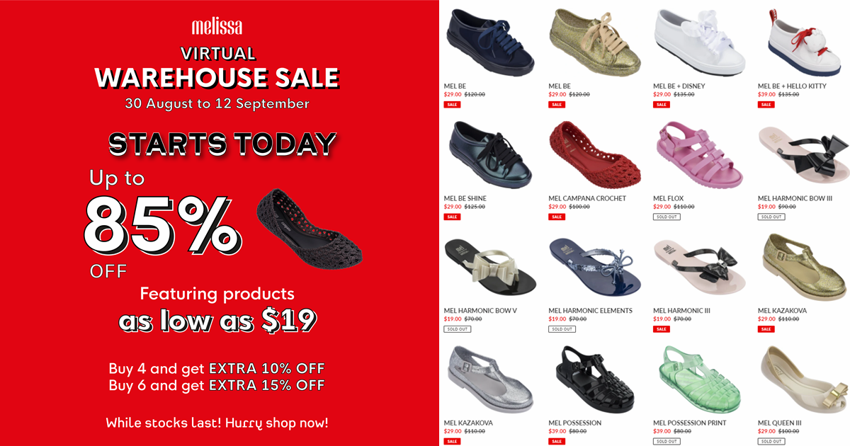Melissa Shoes runs online warehouse sale offering discounts at up to 85% off!  Price starts from $19 a pair (U.P. $100 - $150)