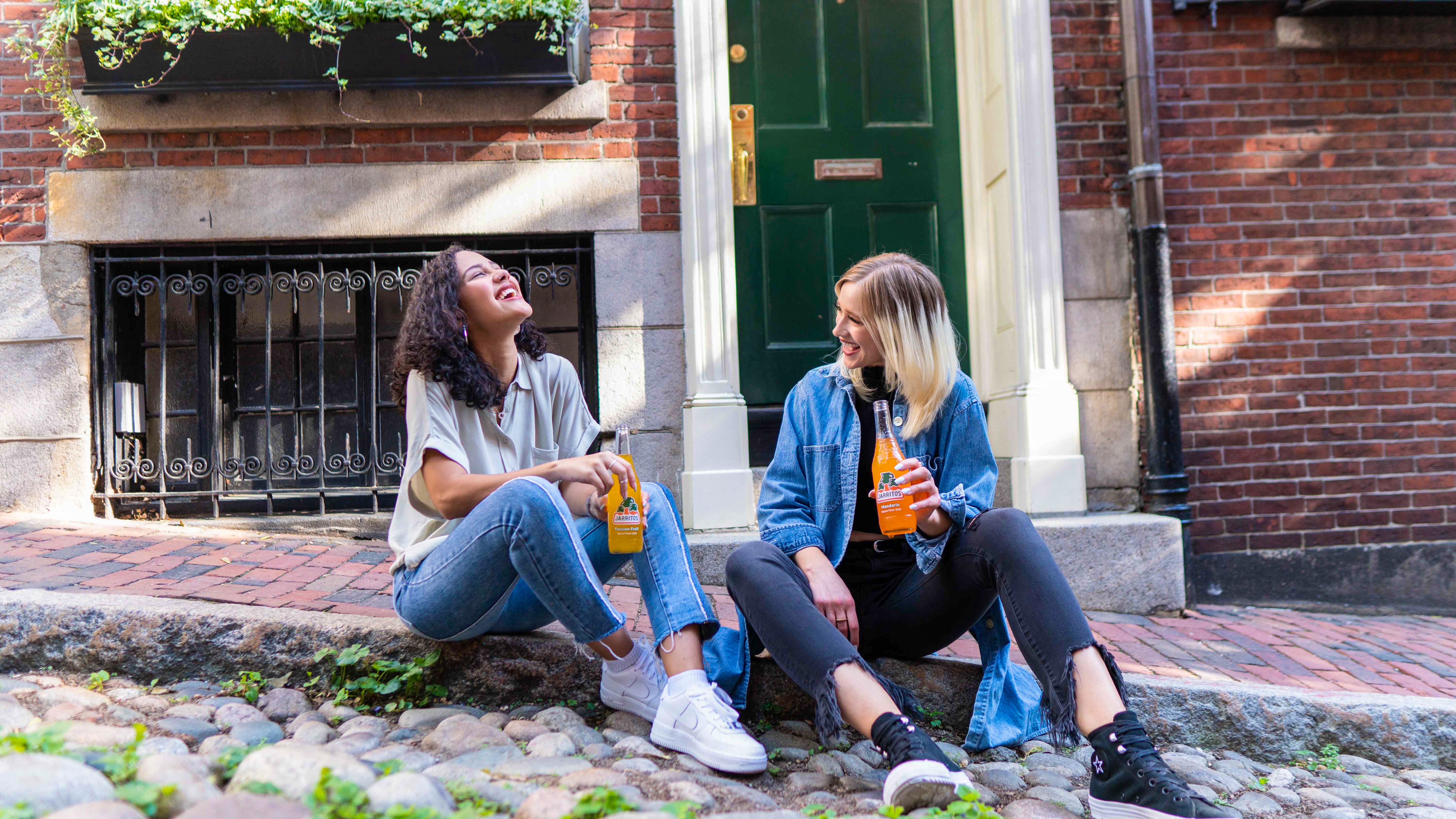 two female friends talking and laughing