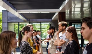 a group of people talking