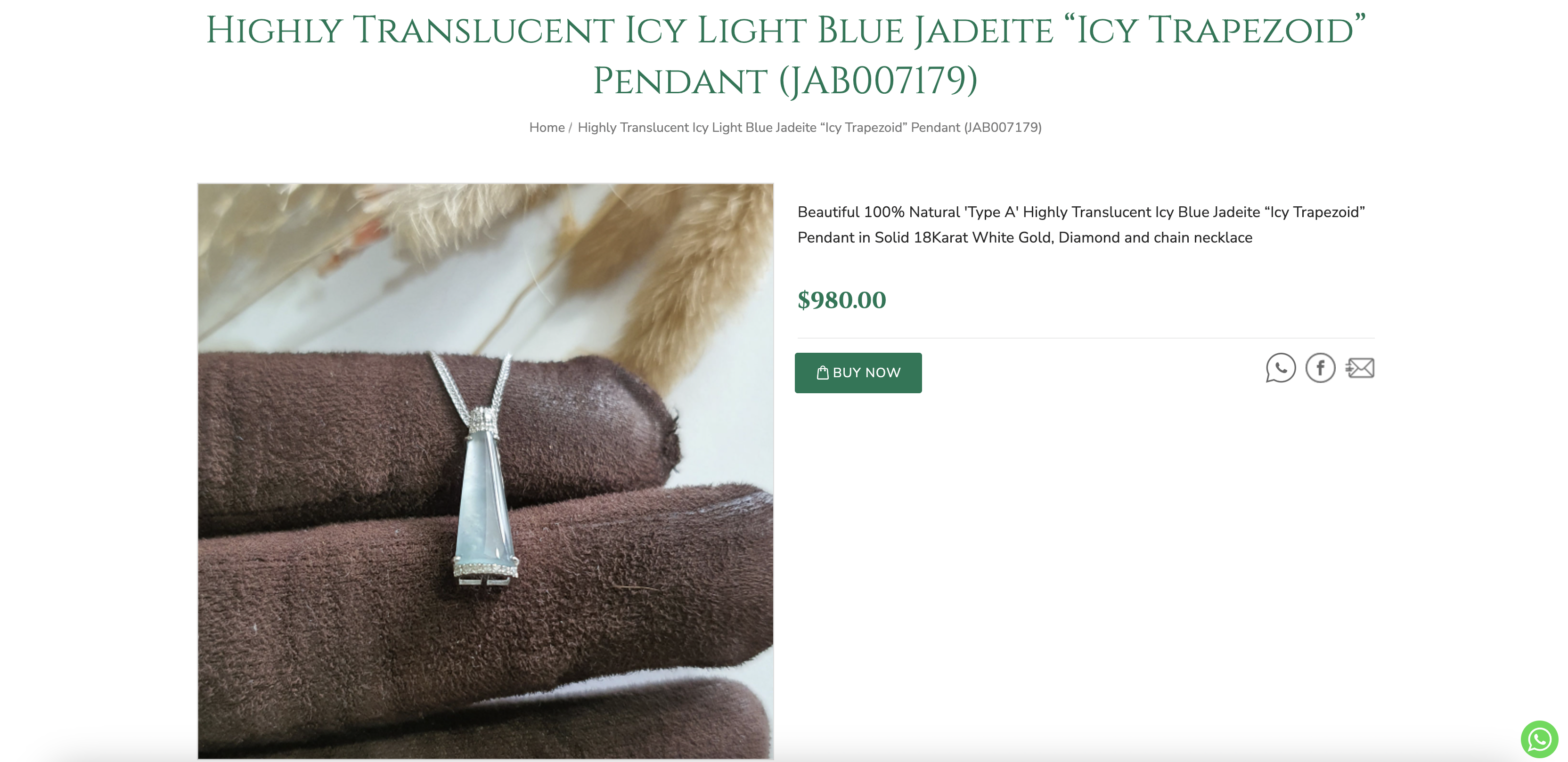 Highly Translucent Icy Light Blue Jadeite “Icy Trapezoid” Pendant