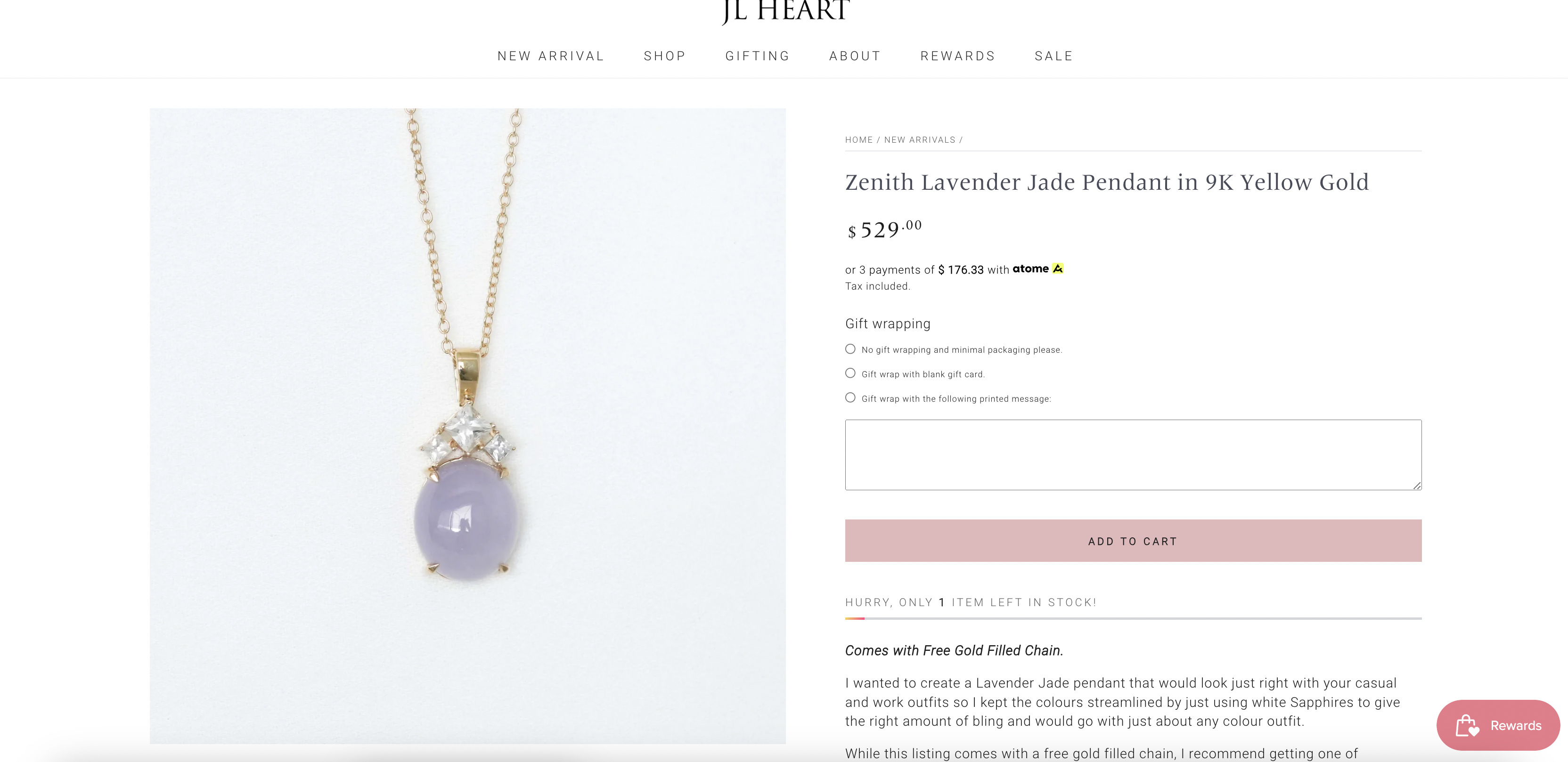 Zenith Lavender Jade Pendant in 9K Yellow Gold